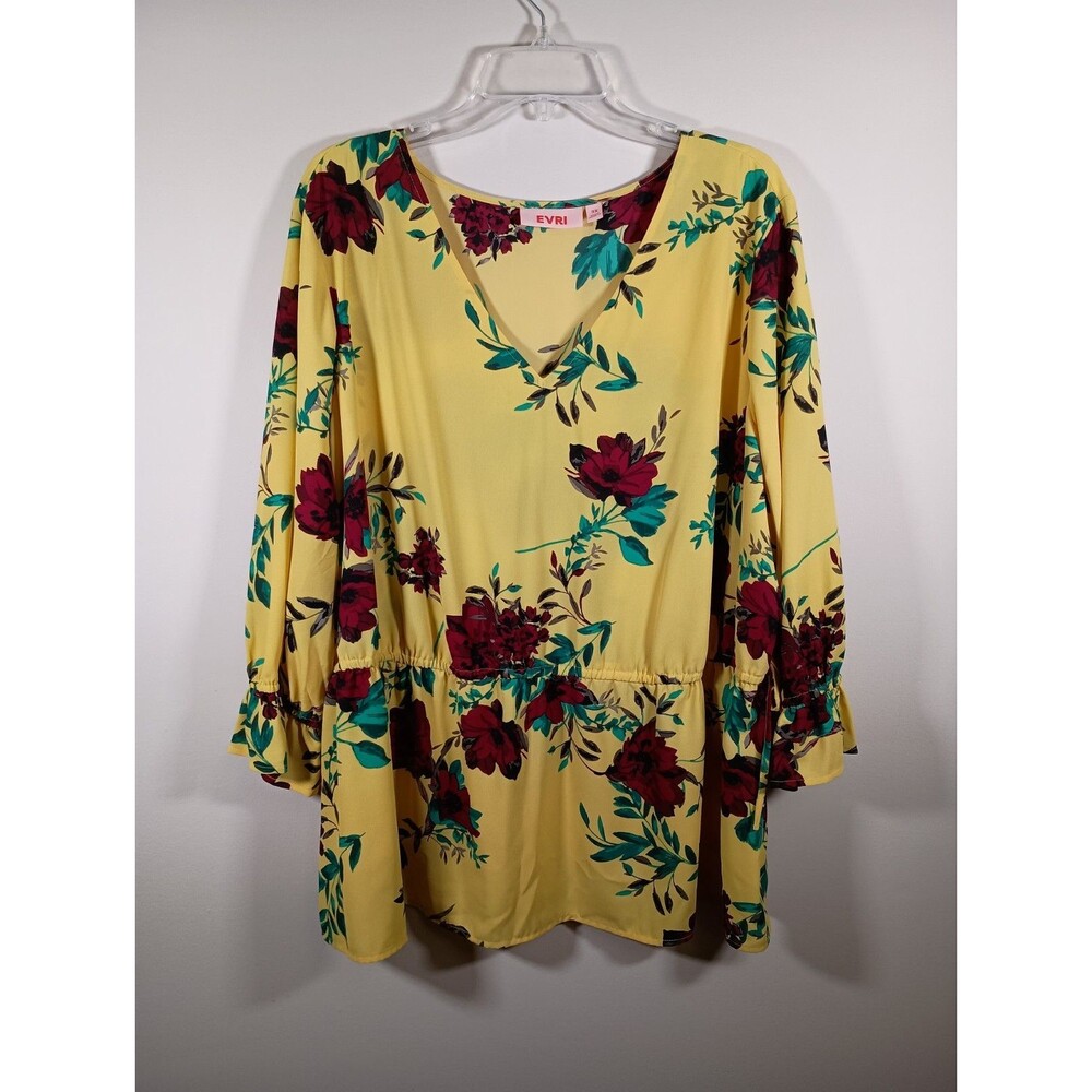 NWT Evri Yellow Floral Drawstring Cinch Waist V Neck Top Womens Size 2X